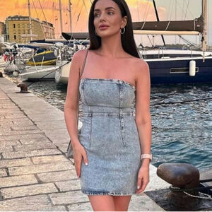 Zara Light Wash Strapless Denim Mini Dress Stretch Fit Size XS